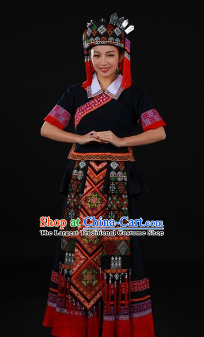 Chinese Traditional Yao Nationality Black Long Dress Ethnic Minority Folk Dance Stage Show Costume for Women