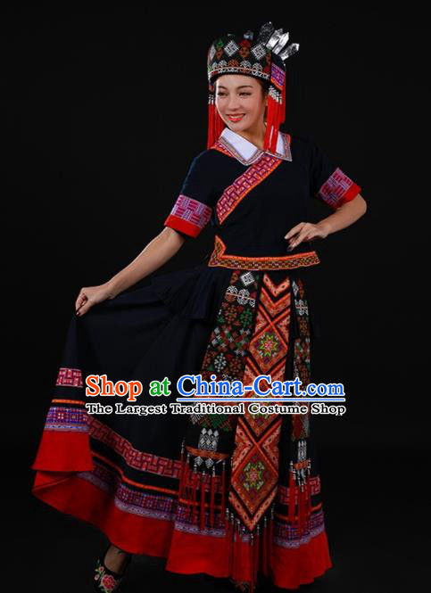 Chinese Traditional Yao Nationality Black Long Dress Ethnic Minority Folk Dance Stage Show Costume for Women