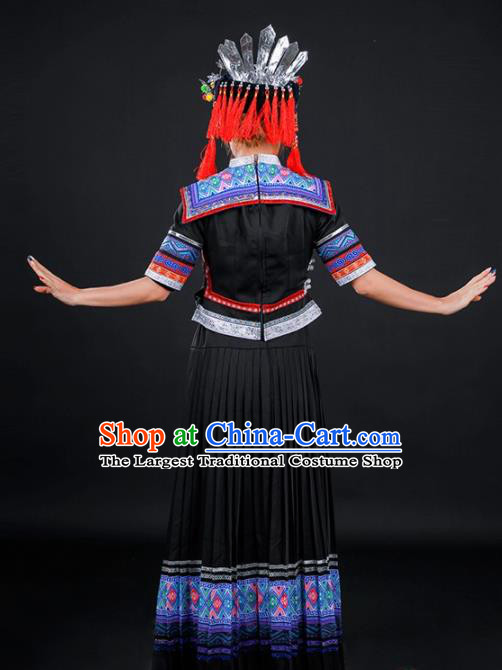 Chinese Traditional Yao Nationality Stage Show Black Long Dress Ethnic Minority Folk Dance Costume for Women