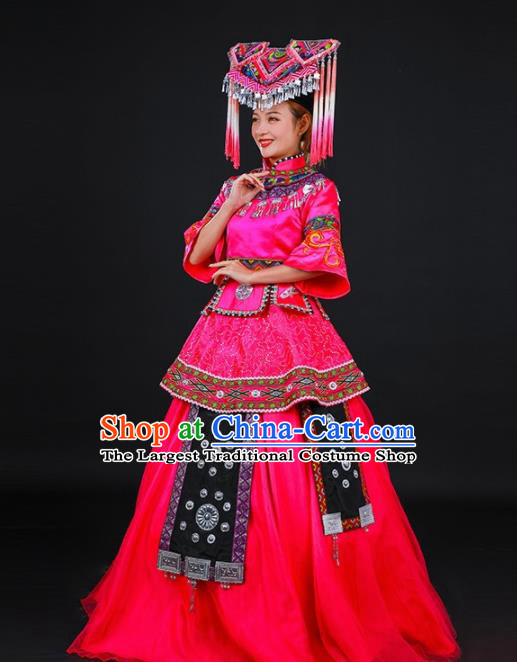 Chinese Traditional Zhuang Nationality Stage Show Embroidered Rosy Dress Ethnic Minority Folk Dance Costume for Women