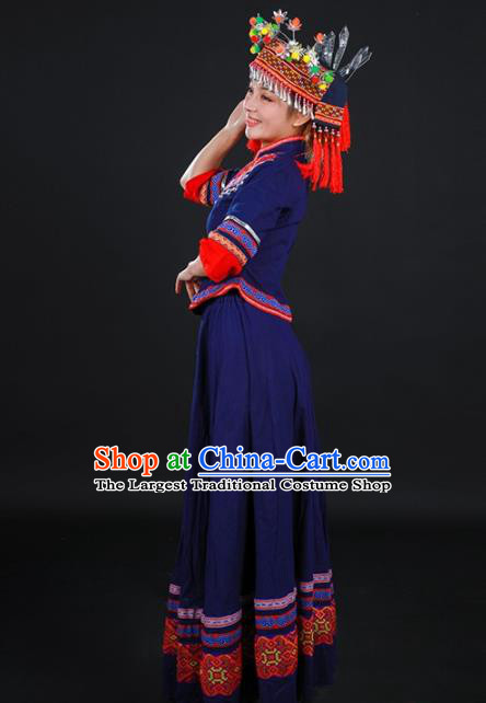 Chinese Traditional Miao Nationality Stage Show Navy Dress Ethnic Minority Folk Dance Costume for Women