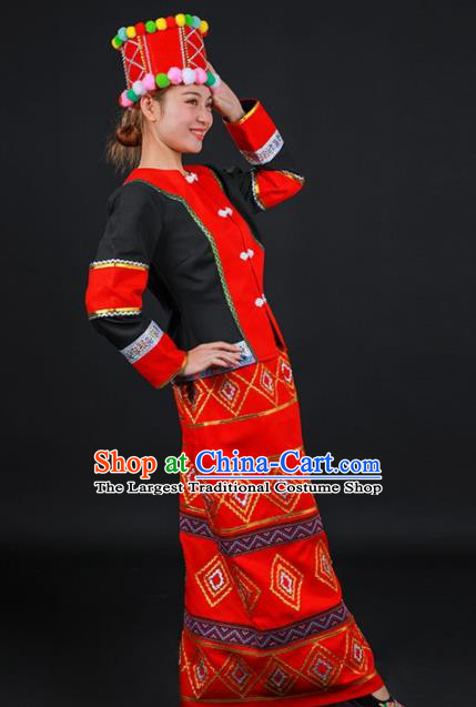 Chinese Traditional Jingpo Nationality Stage Show Red Dress Ethnic Minority Folk Dance Costume for Women