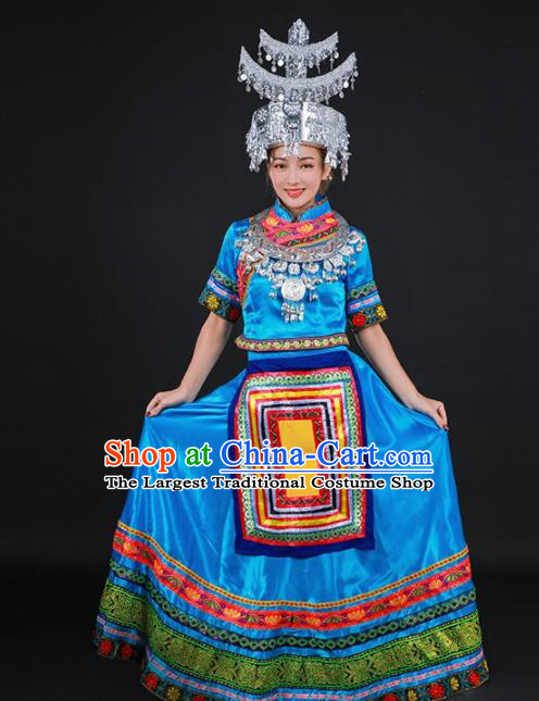 Chinese Traditional Shui Nationality Stage Show Blue Dress Ethnic Minority Folk Dance Costume for Women
