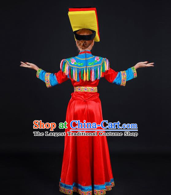 Chinese Traditional Qiang Nationality Stage Show Red Dress Ethnic Minority Folk Dance Costume for Women
