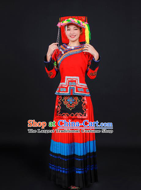 Chinese Traditional Yi Nationality Stage Show Red Dress Ethnic Minority Folk Dance Costume for Women