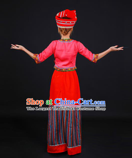 Chinese Traditional Blang Nationality Stage Show Red Dress Ethnic Minority Folk Dance Costume for Women