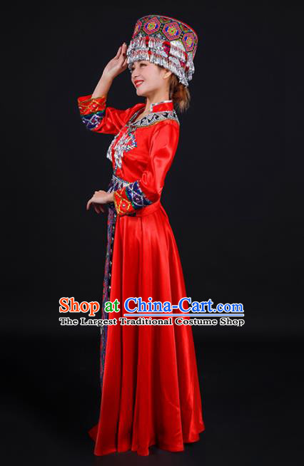 Chinese Traditional Tujia Nationality Stage Show Red Dress Ethnic Minority Folk Dance Costume for Women