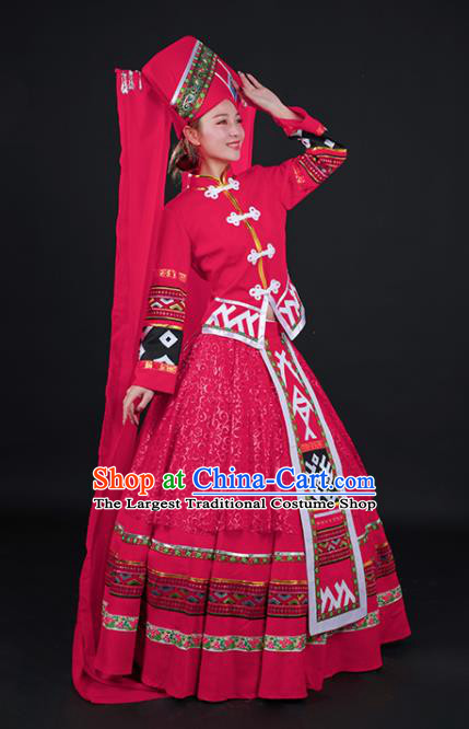 Chinese Traditional Zhuang Nationality Stage Show Wedding Red Dress Ethnic Minority Folk Dance Costume for Women