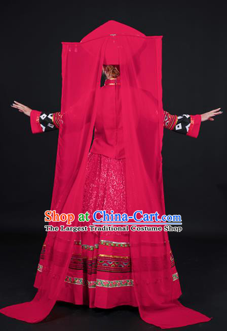 Chinese Traditional Zhuang Nationality Stage Show Wedding Red Dress Ethnic Minority Folk Dance Costume for Women
