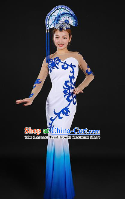Chinese Spring Festival Gala Classical Dance Blue Fishtail Dress Traditional Chorus Costume for Women