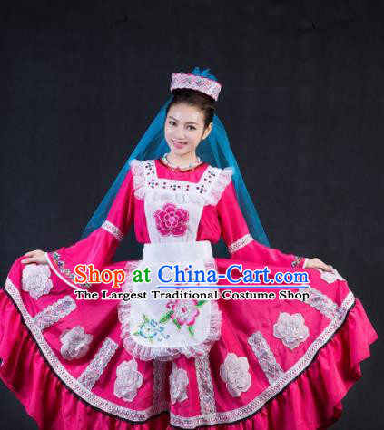 Chinese Traditional Tatar Nationality Stage Show Rosy Dress Ethnic Minority Folk Dance Costume for Women