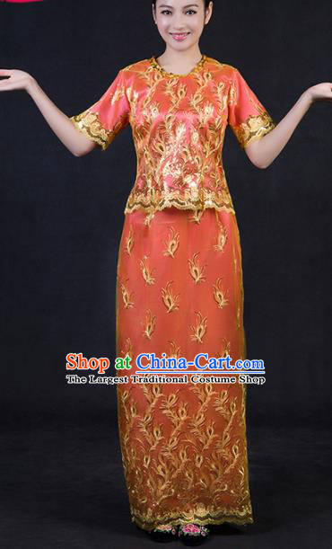 Chinese Traditional Dai Nationality Stage Show Orange Dress Ethnic Minority Folk Dance Costume for Women