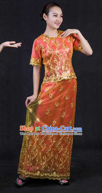 Chinese Traditional Dai Nationality Stage Show Orange Dress Ethnic Minority Folk Dance Costume for Women