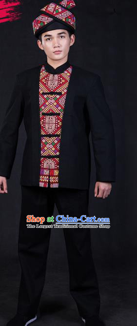 Chinese Traditional Miao Nationality Festival Compere Black Outfits Ethnic Minority Folk Dance Stage Show Costume for Men
