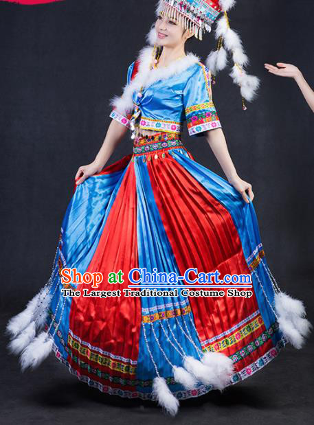 Chinese Traditional Tajik Nationality Stage Show Blue Dress Ethnic Minority Folk Dance Costume for Women