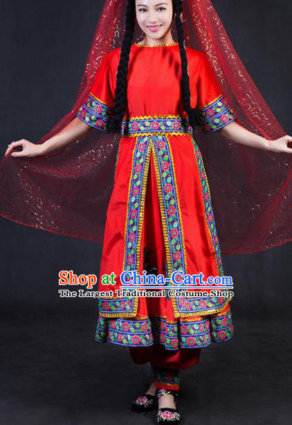 Chinese Traditional Tajik Nationality Stage Show Red Dress Ethnic Minority Folk Dance Costume for Women