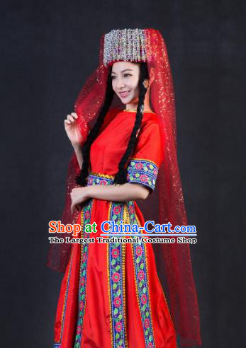 Chinese Traditional Tajik Nationality Stage Show Red Dress Ethnic Minority Folk Dance Costume for Women