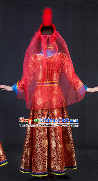 Chinese Traditional Ewenki Nationality Stage Show Wedding Red Dress Ethnic Minority Folk Dance Costume for Women