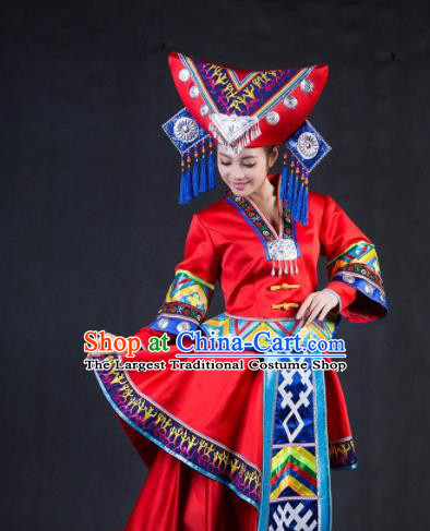 Chinese Traditional Zhuang Nationality Stage Show Wedding Red Dress Ethnic Minority Folk Dance Costume for Women