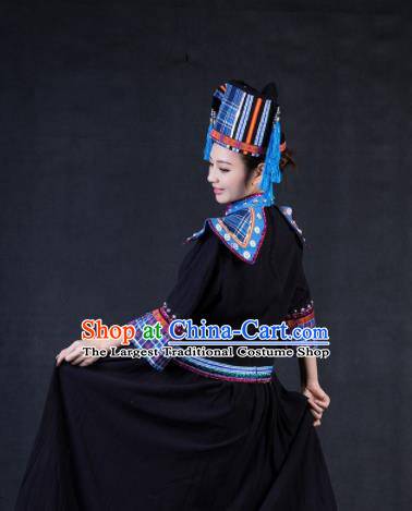 Chinese Traditional Yao Nationality Stage Show Black Dress Ethnic Minority Folk Dance Costume for Women