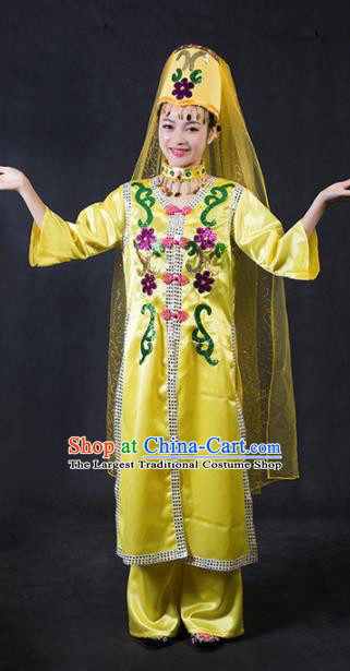 Chinese Traditional Dongxiang Nationality Stage Show Yellow Dress Ethnic Minority Folk Dance Costume for Women