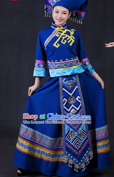 Chinese Traditional Zhuang Nationality Stage Show Navy Dress Ethnic Minority Folk Dance Costume for Women