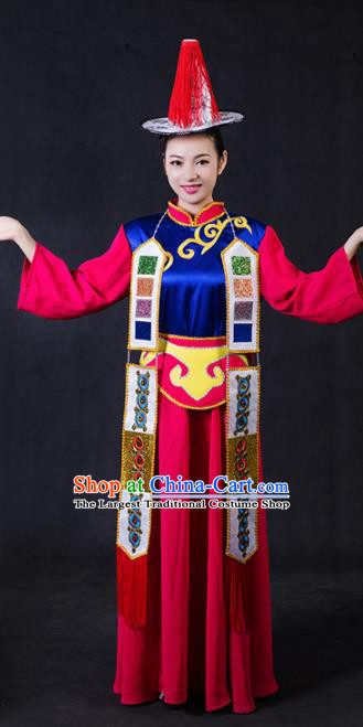 Chinese Traditional Yugur Nationality Stage Show Rosy Dress Ethnic Minority Folk Dance Costume for Women