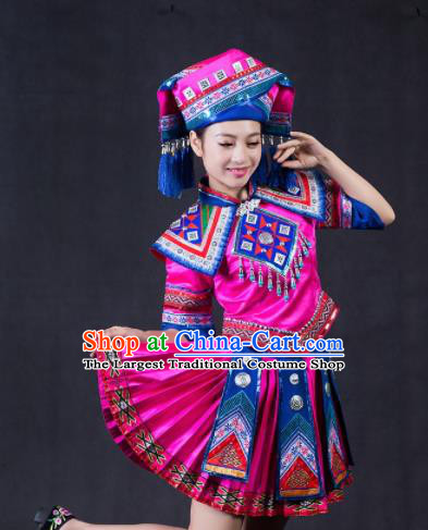 Chinese Traditional Zhuang Nationality Stage Show Rosy Short Dress Ethnic Minority Folk Dance Costume for Women