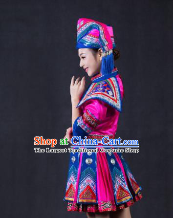 Chinese Traditional Zhuang Nationality Stage Show Rosy Short Dress Ethnic Minority Folk Dance Costume for Women