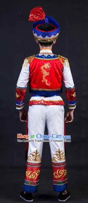 Chinese Traditional Zhuang Nationality Festival Compere White Outfits Ethnic Minority Folk Dance Stage Show Costume for Men