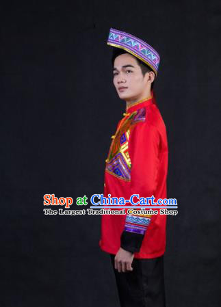 Chinese Traditional Zhuang Nationality Festival Compere Red Outfits Ethnic Minority Folk Dance Stage Show Costume for Men