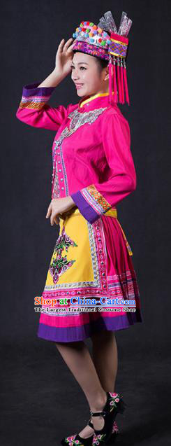 Chinese Traditional Yao Nationality Stage Show Rosy Short Dress Ethnic Minority Folk Dance Costume for Women