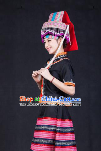 Chinese Traditional Lahu Nationality Stage Show Black Short Dress Ethnic Minority Folk Dance Costume for Women