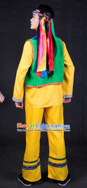 Chinese Traditional Hezhen Nationality Festival Compere Yellow Outfits Ethnic Minority Folk Dance Stage Show Costume for Men