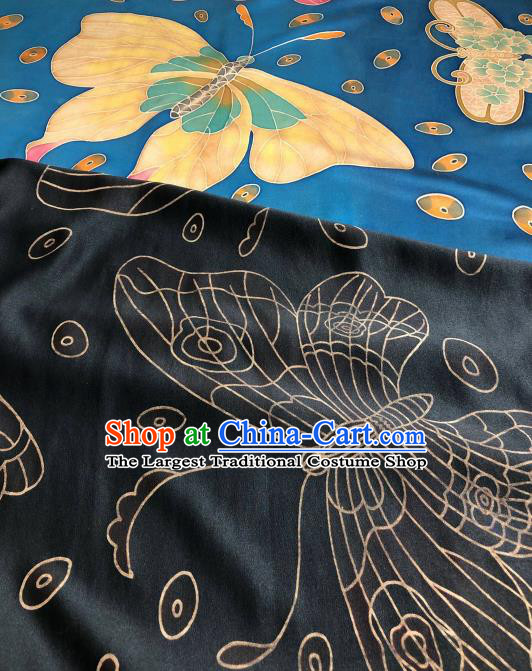 Asian Chinese Traditional Butterfly Pattern Design Blue Gambiered Guangdong Gauze Fabric Silk Material