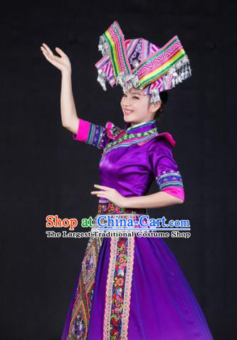 Chinese Traditional Zhuang Nationality Stage Show Purple Dress Ethnic Minority Folk Dance Costume for Women