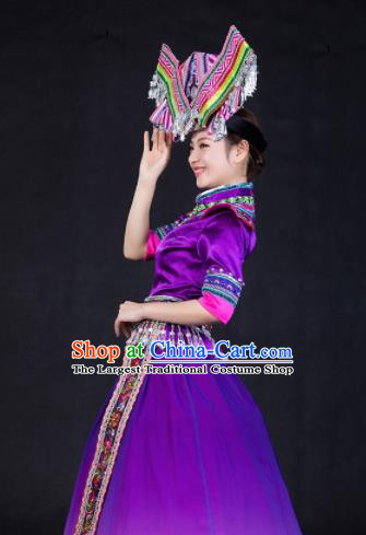 Chinese Traditional Zhuang Nationality Stage Show Purple Dress Ethnic Minority Folk Dance Costume for Women