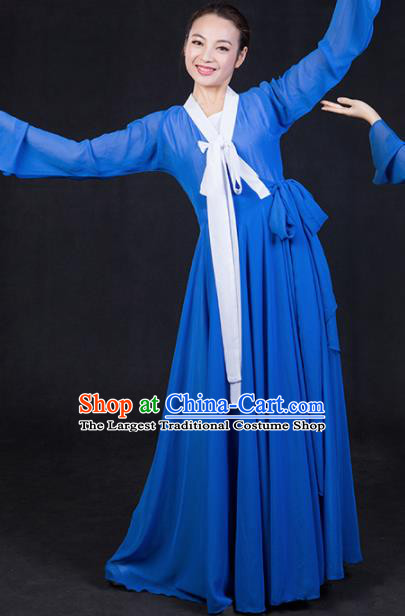 Chinese Traditional Korean Nationality Stage Show Blue Dress Ethnic Minority Folk Dance Costume for Women