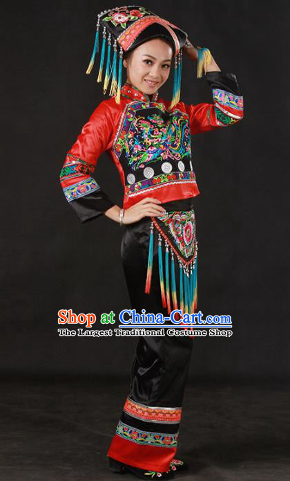 Chinese Traditional Zhuang Nationality Stage Show Embroidered Outfits Ethnic Minority Folk Dance Costume for Women