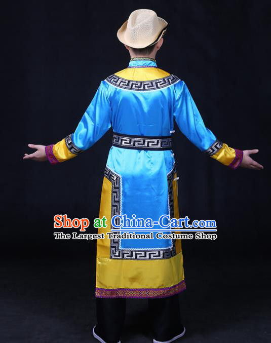 Chinese Traditional Yughur Nationality Festival Compere Blue Outfits Ethnic Minority Folk Dance Stage Show Costume for Men