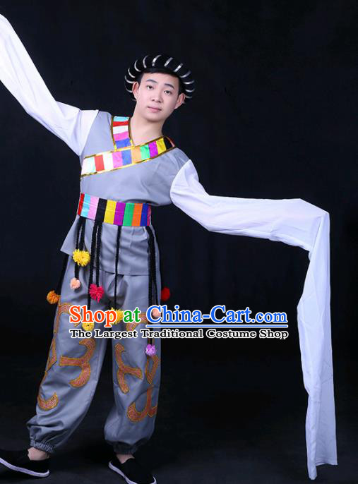 Chinese Traditional Zang Nationality Festival Compere Grey Outfits Ethnic Minority Folk Dance Stage Show Costume for Men