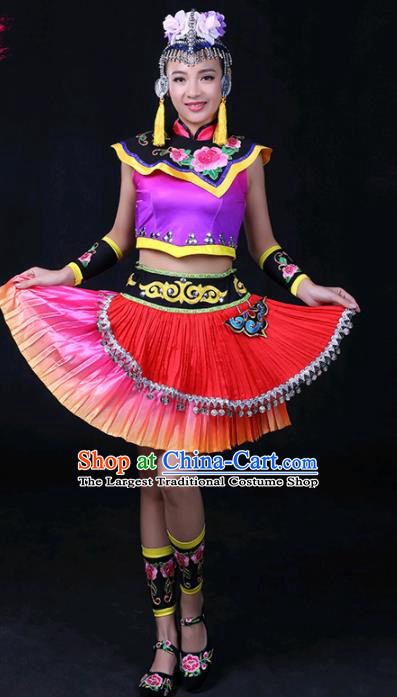 Chinese Traditional She Nationality Stage Show Short Dress Ethnic Minority Folk Dance Costume for Women