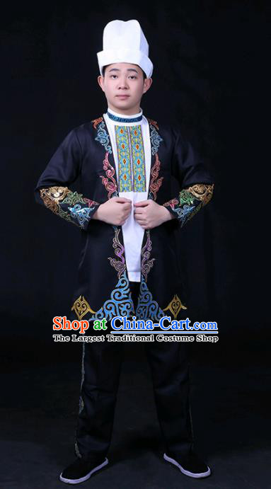 Chinese Traditional Khalkhas Nationality Festival Compere Black Outfits Ethnic Minority Folk Dance Stage Show Costume for Men