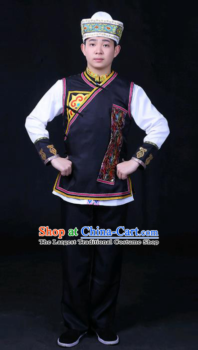 Chinese Traditional Tu Nationality Festival Compere Black Outfits Ethnic Minority Folk Dance Stage Show Costume for Men