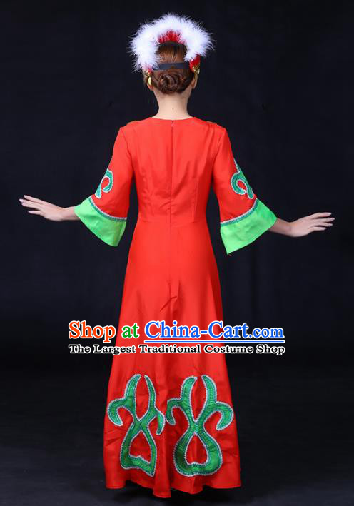 Chinese Traditional Daur Nationality Stage Show Red Dress Ethnic Minority Folk Dance Costume for Women