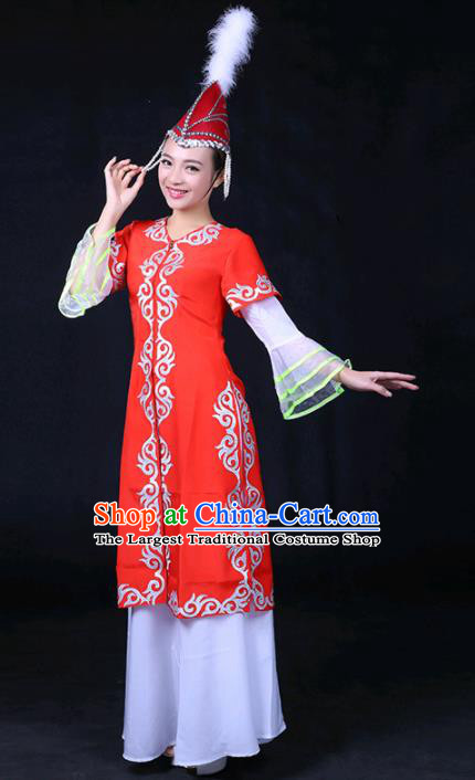 Chinese Traditional Khalkhas Nationality Stage Show Red Dress Ethnic Minority Folk Dance Costume for Women