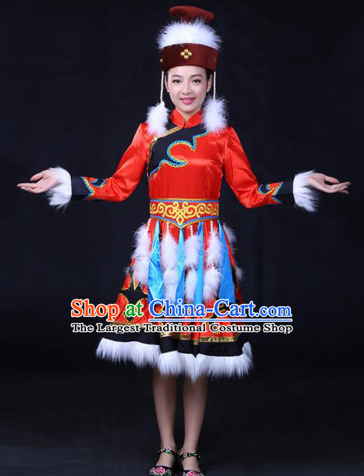 Chinese Traditional Hezhen Nationality Stage Show Red Dress Ethnic Minority Folk Dance Costume for Women