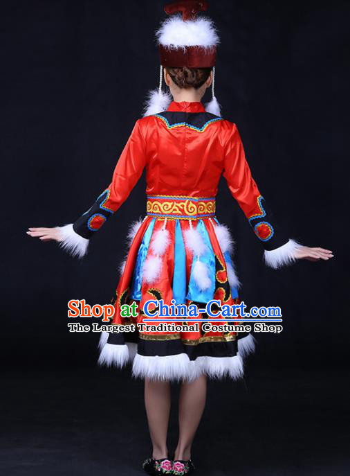 Chinese Traditional Hezhen Nationality Stage Show Red Dress Ethnic Minority Folk Dance Costume for Women