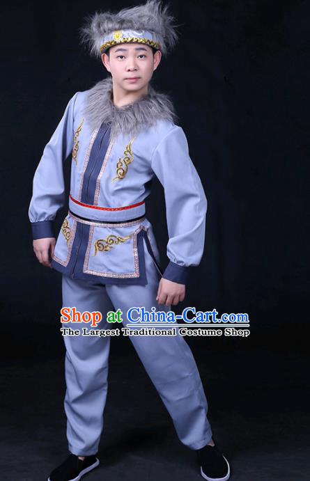 Chinese Traditional Hezhen Nationality Compere Blue Outfits Ethnic Minority Folk Dance Stage Show Festival Costume for Men