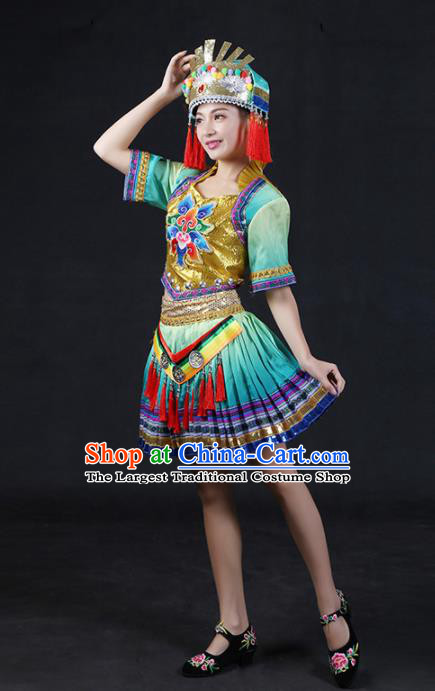 Chinese Traditional Yao Nationality Stage Show Green Short Dress Ethnic Minority Folk Dance Costume for Women